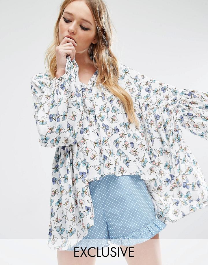Reclaimed Vintage Angel Sleeve Top In Floral - White