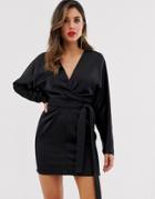 Asos Design Mini Dress With Batwing Sleeve And Wrap Waist In Satin - Black
