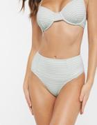 Zulu & Zephyr High Waist Ribbed Bikini Bottom In Pale Green Stripe-blues