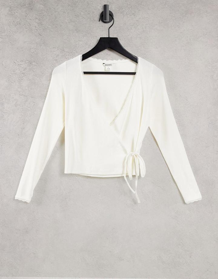 Monki Nadja Organic Cotton Wrap Jersey Cardigan In Off White