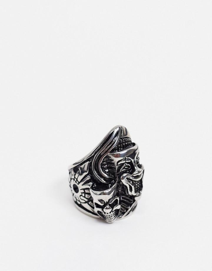 Asos Design Stainless Steel Ring With Creepy Mask Design In Silver Tone