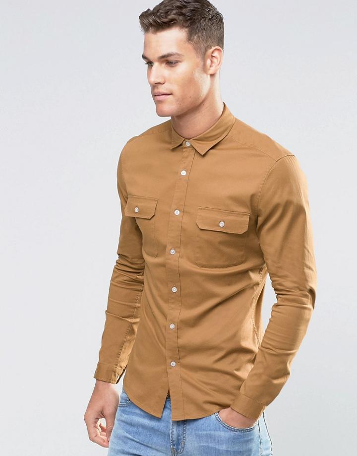 Asos Skinny Military Shirt In Tan Twill With Long Sleeves - Tan