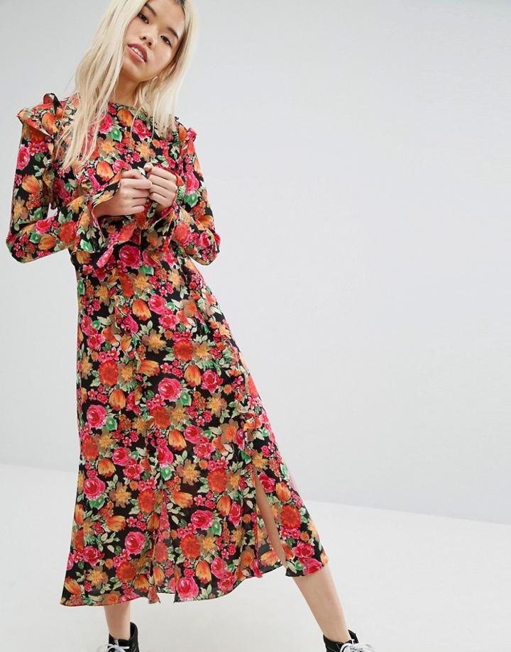 Stylenanda Midi Tea Dress In Bright Floral Print - Multi