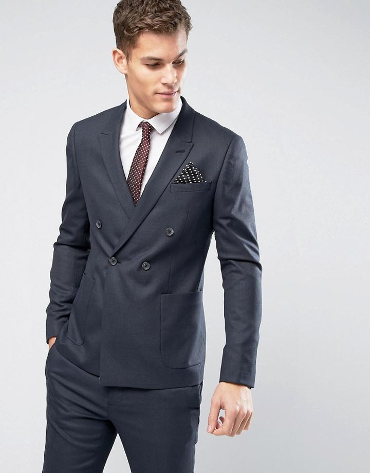 Asos Wedding Skinny Double Breasted Suit Jacket In Indigo Micro Texture - Navy