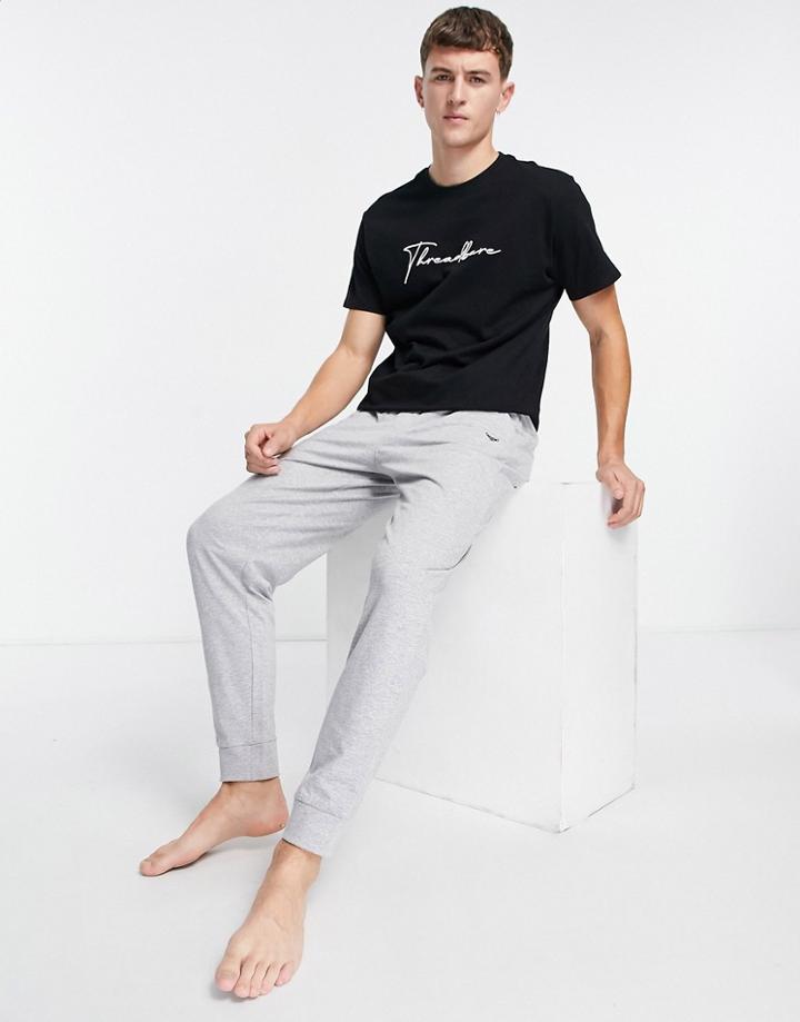 Threadbare T-shirt And Long Lounge Pant Set With Script Logo In Black And Gray