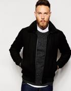 Asos Wool Harrington Jacket With Faux Shearling Collar In Black - Black