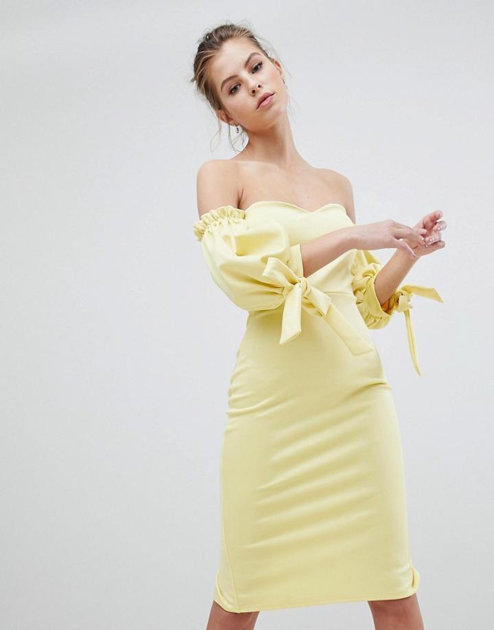 True Violet Bardot Midi Dress With Tie Sleeve - Yellow