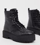 Simply Be Extra Wide Fit Lace Up Chunky Boots In Black Croc