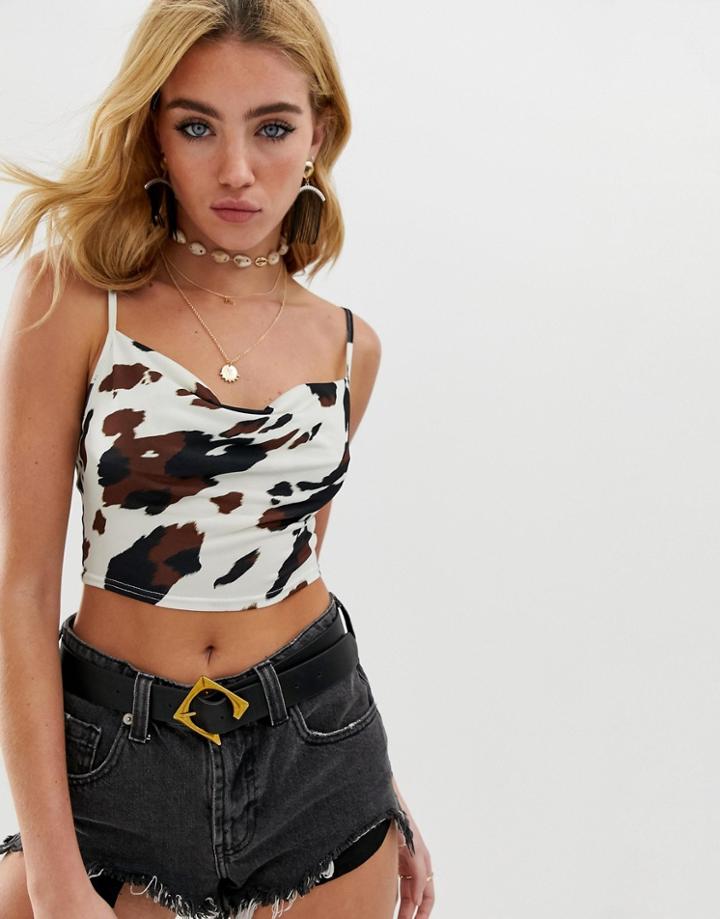 Asos Design Cowl Print Crop Cami In Cow Print - Multi