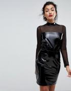 Club L High Shine High Neck Mesh Insert Mini Dress - Black