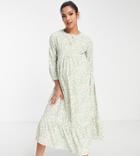 Glamorous Bloom Long Sleeve Midi Smock Dress In Green Daisy