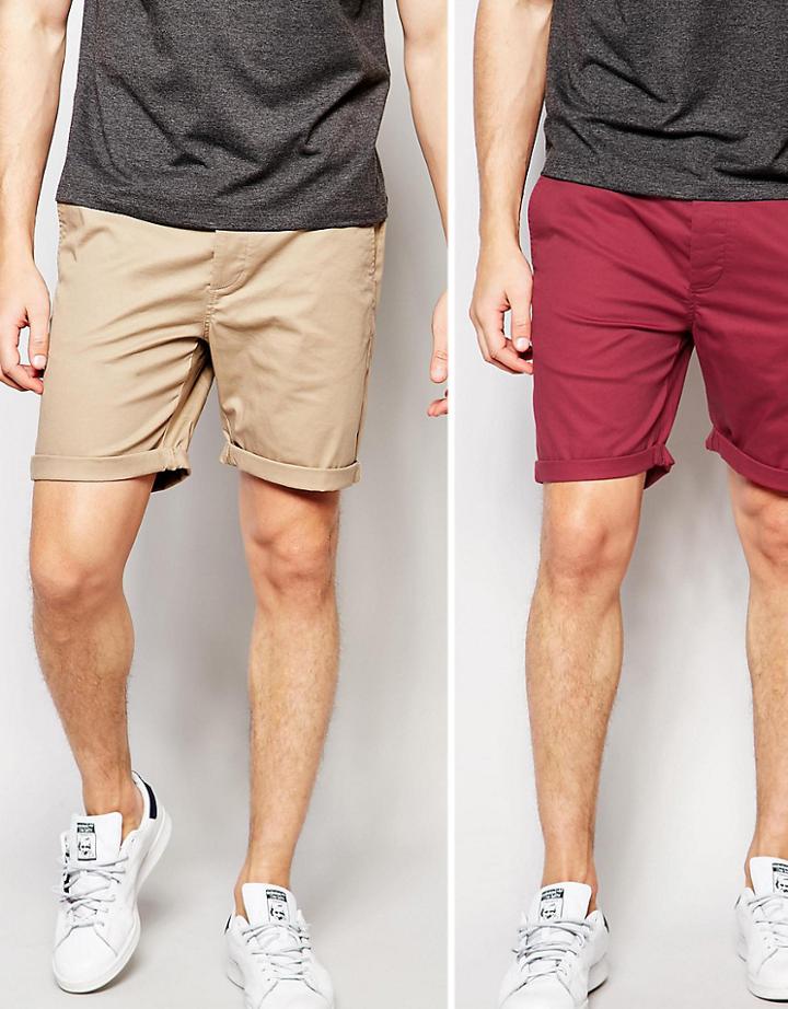 Asos 2 Pack Slim Chino Shorts In Red And Stone Save - Multi