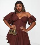 Asos Luxe Curve One Shoulder Cotton Dress With Corset Detail And Ruffles In Brick Brown