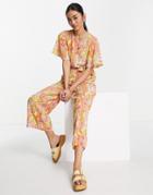 Monki Short Sleeve Tie Front Jumpsuit In Retro Floral-multi