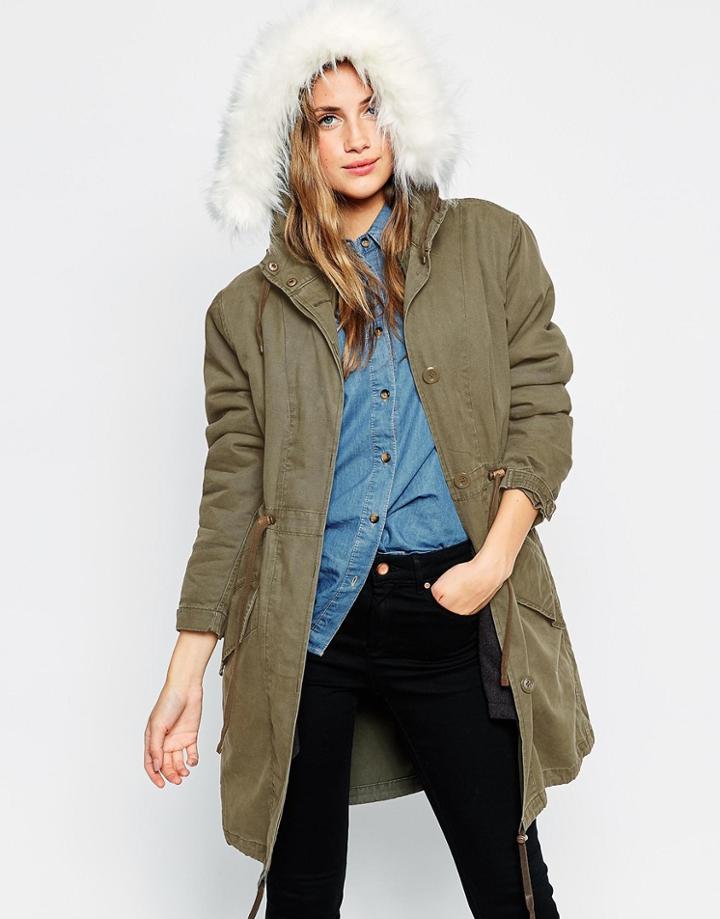 Asos Vintage Faux Fur Parka - Khaki
