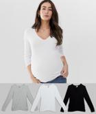 Asos Design Maternity Ultimate Top With Long Sleeve And V-neck With Ruching 3 Pack Save-multi