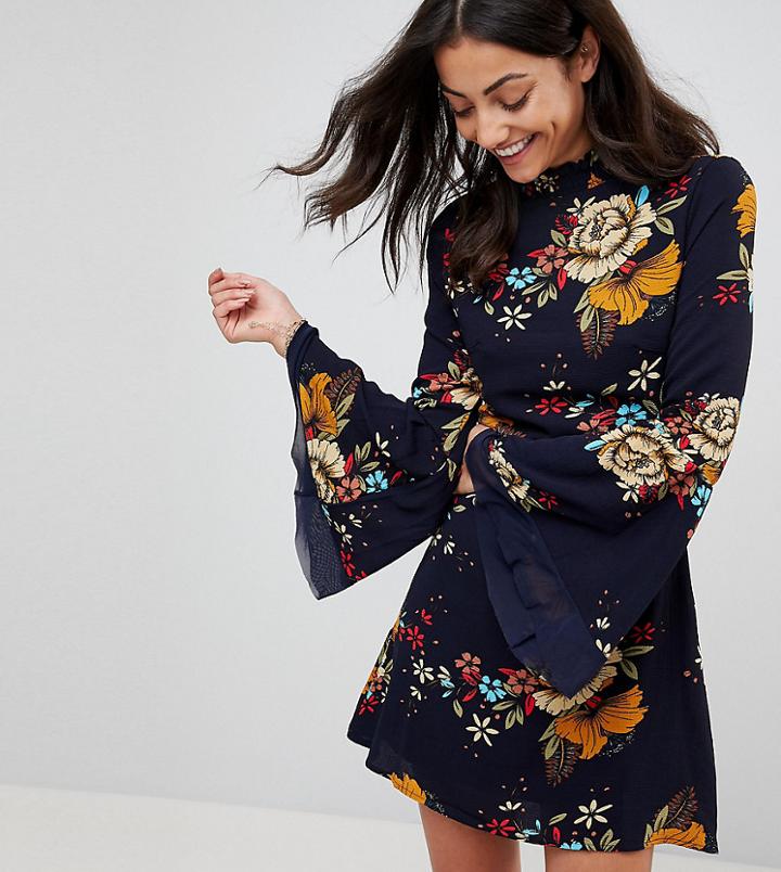 Parisian Tall High Neck Floral Printed Dress - Navy