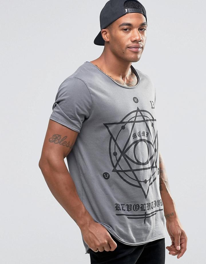 Asos Longline T-shirt With Mystic Print And Raw Sleeves - Washed Gray