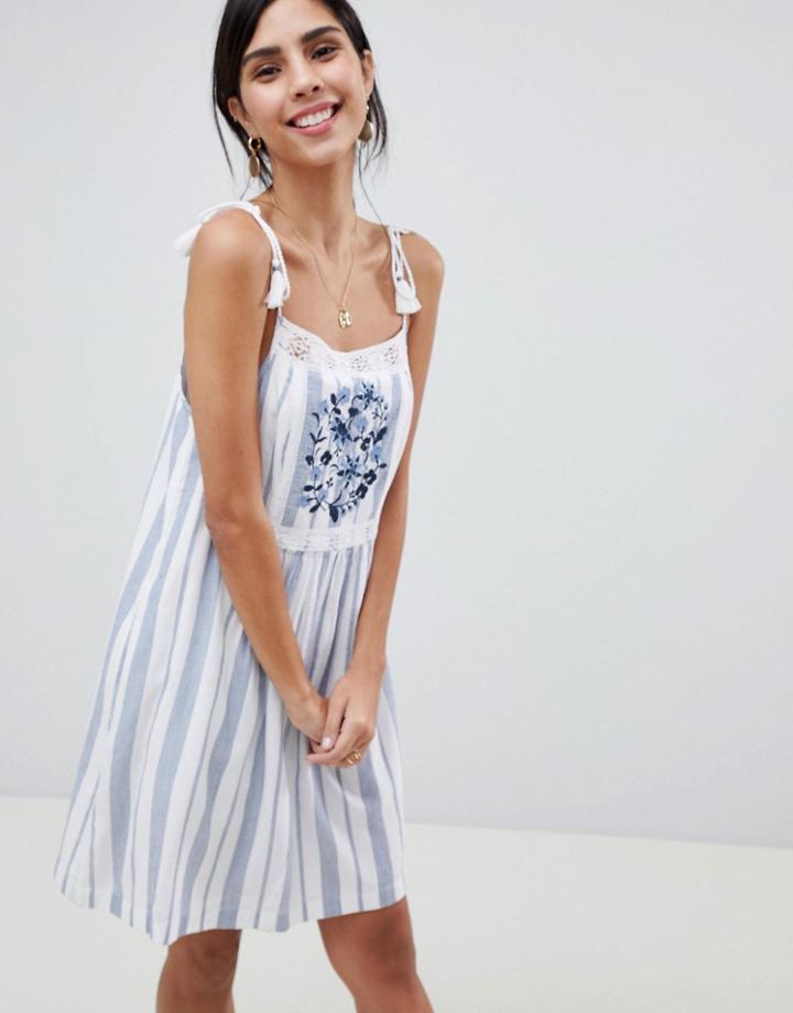 Abercrombie & Fitch Tie Shoulder Embroidered Swing Dress - Navy