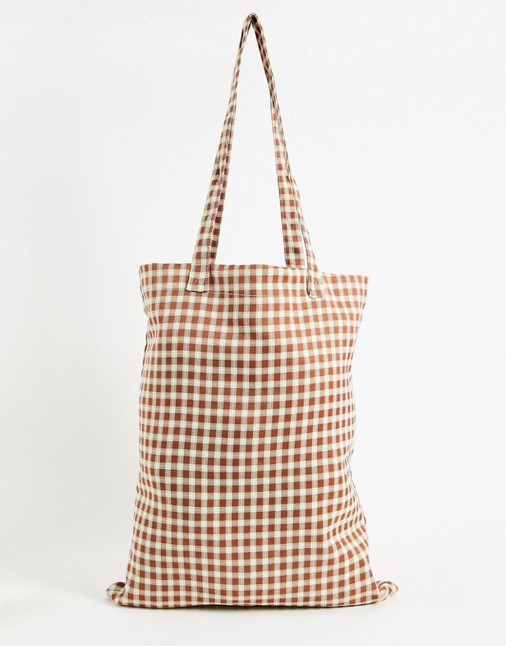 Asos Design Set Tote Bag In Retro Brown Check