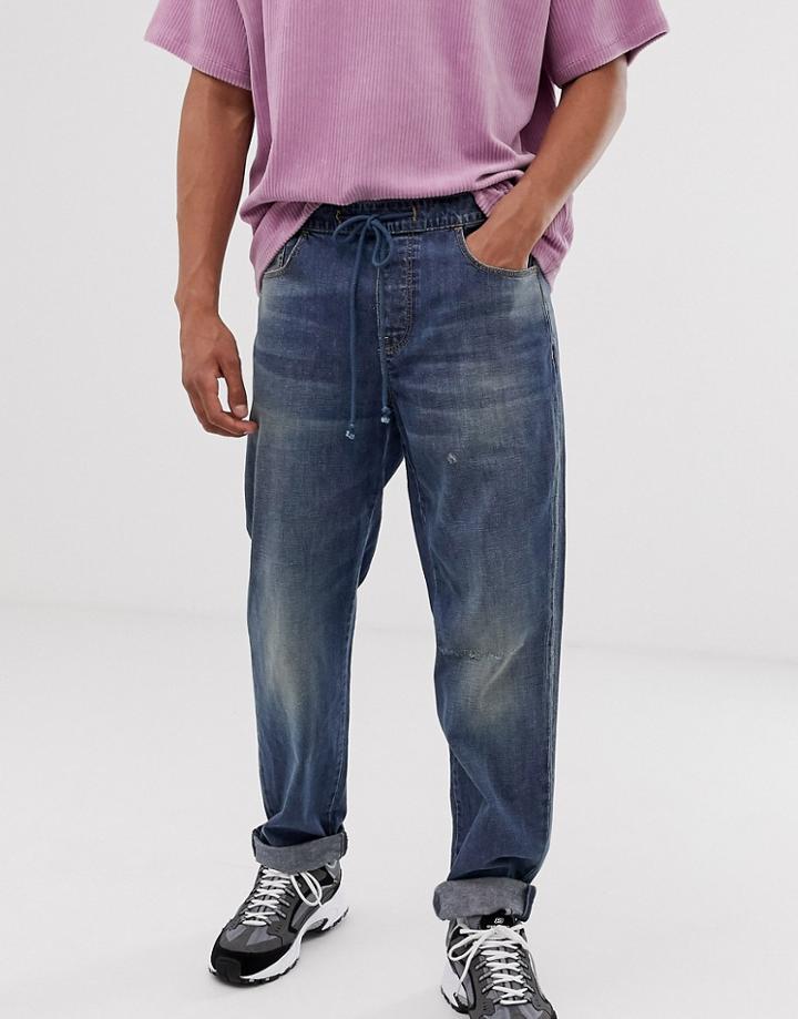 Asos Design Baggy Jean With Draw Cord Dark Wash Blue