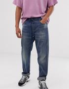Asos Design Baggy Jean With Draw Cord Dark Wash Blue