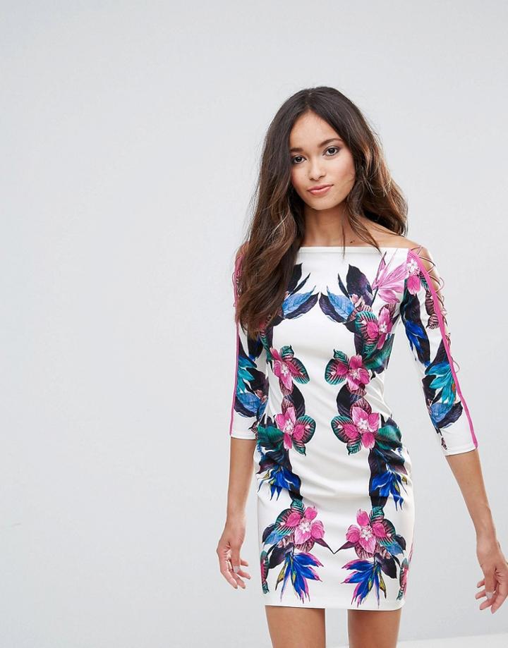 Forever Unique Bardot Tie Up Floral Bodycon Dress - Multi
