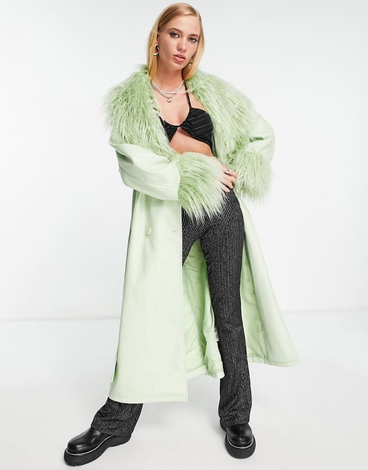 Asos Design Leather Look Belted Coat With Sherpa Trim In Pistachio-green