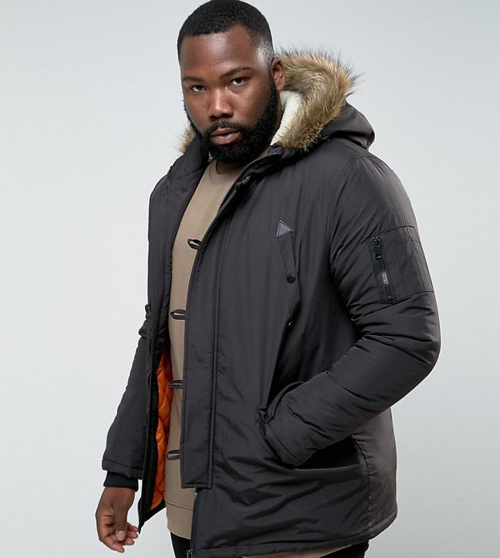Brave Soul Plus Parka Jacket With Faux Fur Trim Hood - Black
