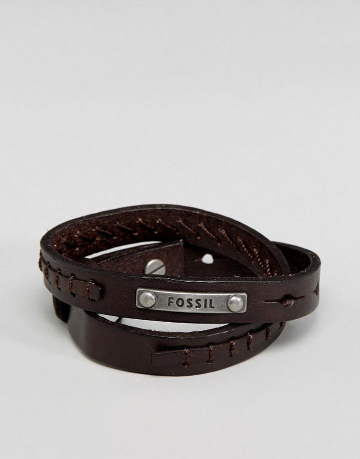 Fossil Logo Leather Cuff Bracelet In Brown - Brown