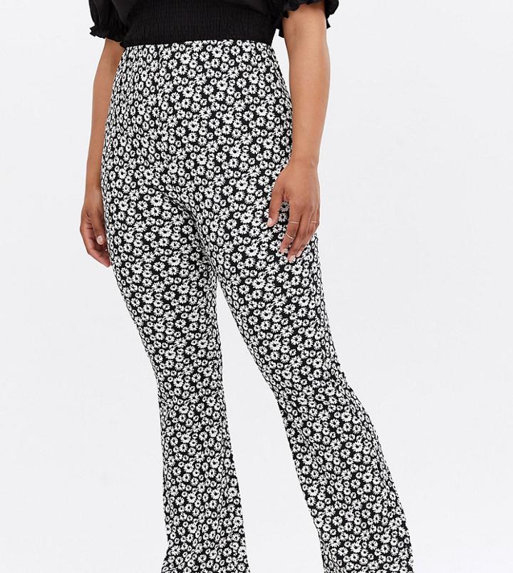 New Look Curve Ribbed Flare Pant In Black Floral Print