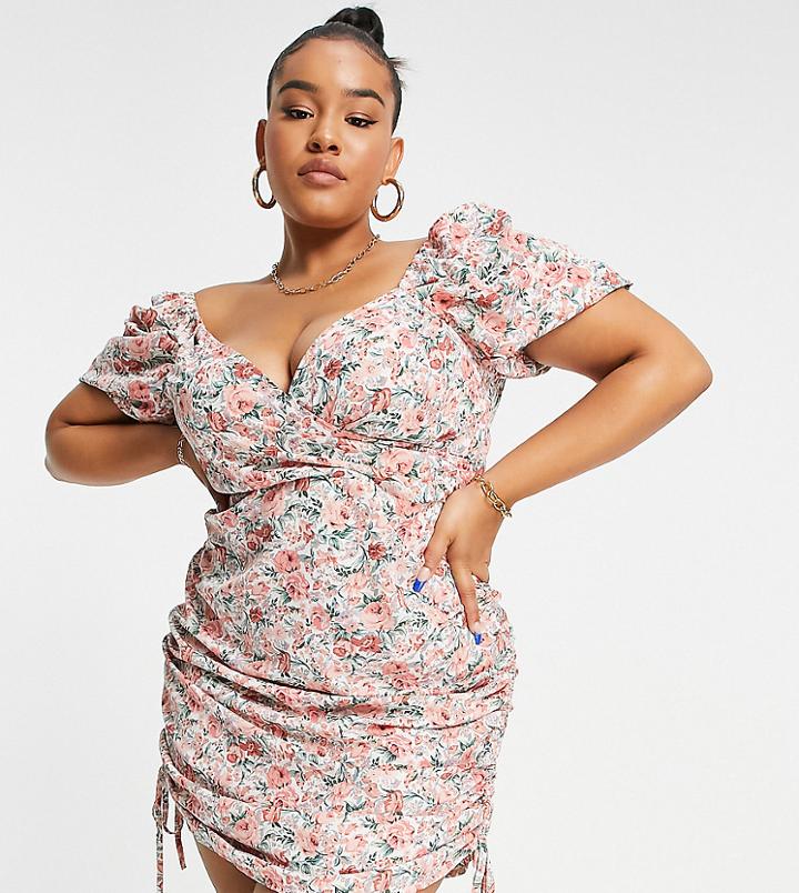 Saint Genies Plus Ruched Side Detail Dress In Floral Print-multi