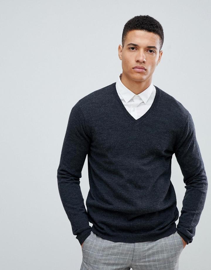 Asos Design Merino Wool V-neck Sweater In Charcoal - Gray