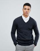 Asos Design Merino Wool V-neck Sweater In Charcoal - Gray