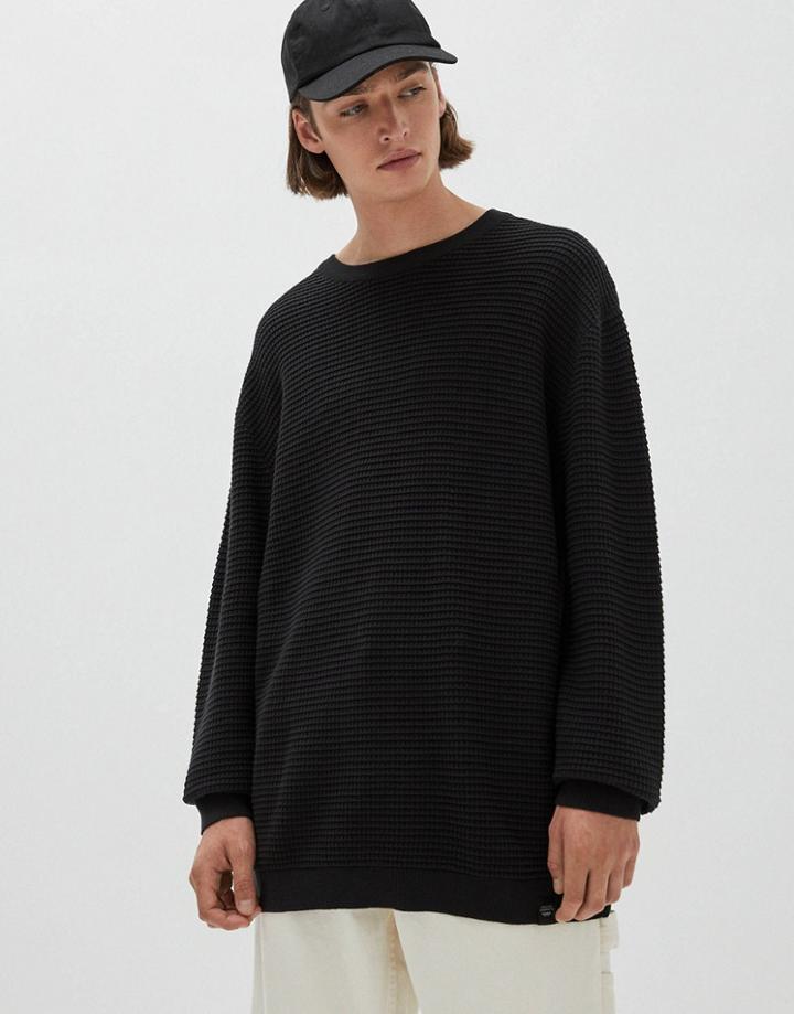 Pull & Bear Waffle Knit Sweater In Black