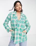 Monki Recyled Polyester Blazer In Green Plaid Print