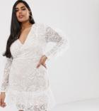 Lasula Plus Plunge Front Allover Lace Mini Dress With Ruffle Pleated Hem In White - White