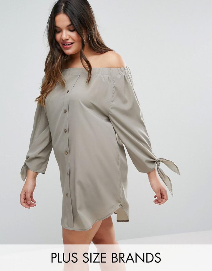 Ax Paris Plus Off Shoulder Dress With Tie Sleeves - Green
