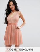 Asos Petite Deep Plunge Cami Mesh Pleated Mini Dress - Pink