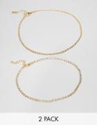 Asos Pack Of 2 Multirow Fine Chain & Crystal Anklets - Gold