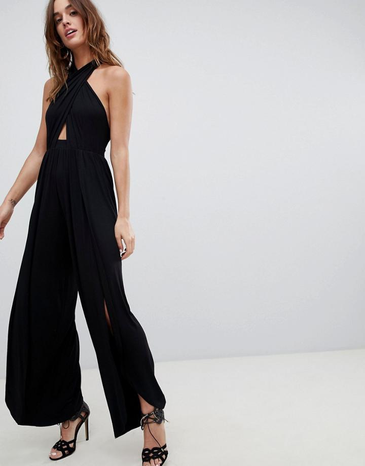 Asos Design Cross Front Jersey Jumpsuit With Wrap Leg Detail - Black
