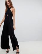 Asos Design Cross Front Jersey Jumpsuit With Wrap Leg Detail - Black