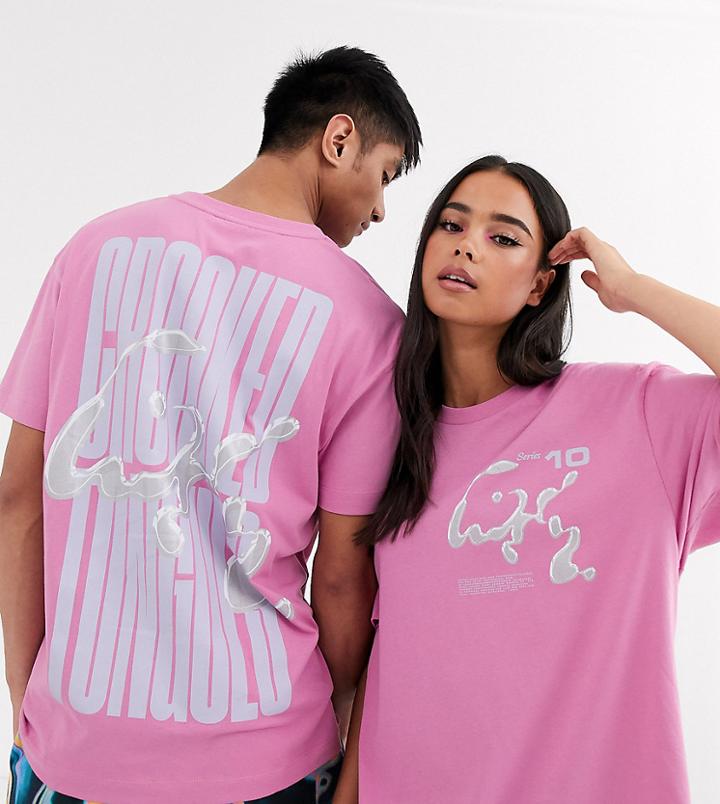 Crooked Tongues Unisex Oversized T-shirt With Back Logo And Metallic Print-pink