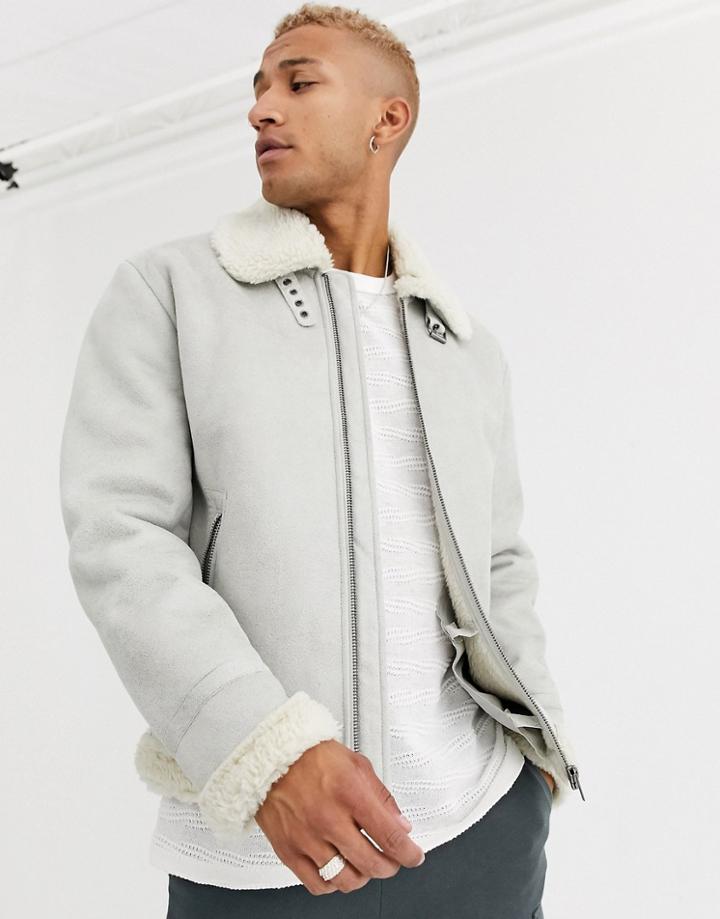 Asos Design Faux Shearling Flight Jacket In Stone