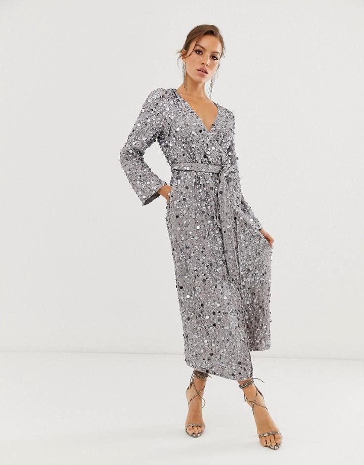 Asos Edition Wrap Midi Dress In Disc Sequin-gray