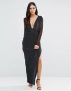 Hedonia Deep V Maxi Dress With Sheer Sleeves - Silver