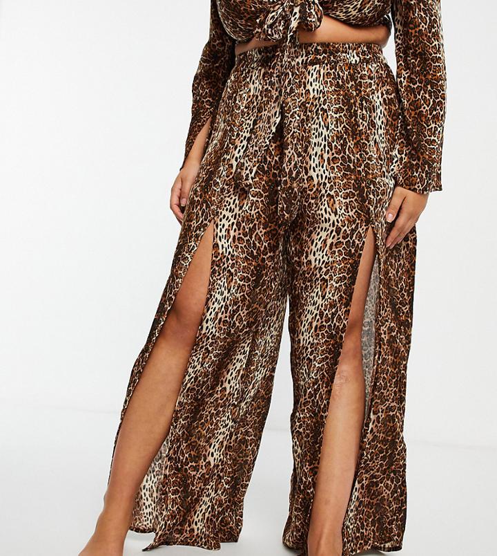 Asos Design Curve Split Front Beach Pants In Natural Leopard Print-multi