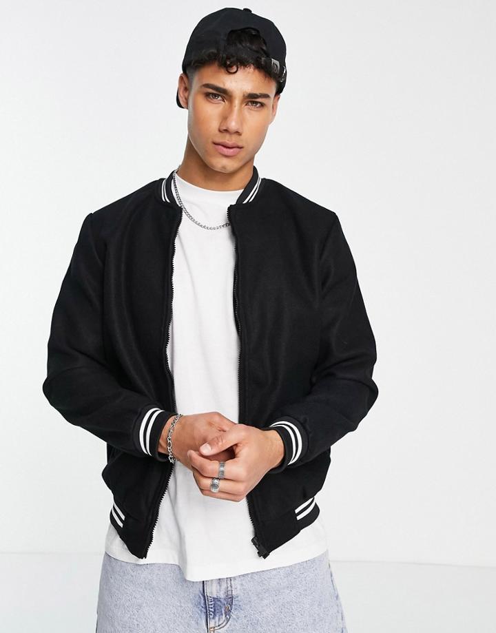 Brave Soul Faux Wool Bomber Jacket In Black