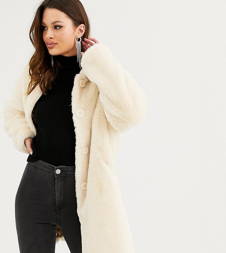 Asos Design Tall Faux Fur Button Through Coat In Cream - Cream