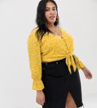 Wild Honey Plus Tie Front Crop Top In All Over Rose Print - Yellow